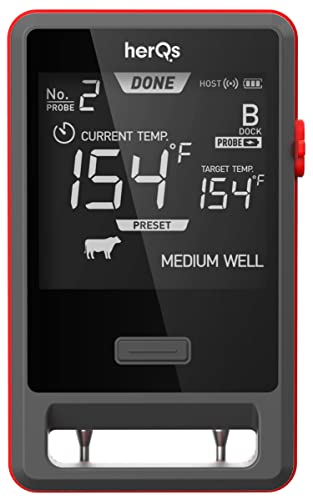 HerQs Pin Pro - Grillthermometer, digital, Kerntemperatur, Drahtloses Fleischthermometer, Bluetooth, App, Thermometer inkl. 2 kabellosen Fühlern, bis 500°C - Für Ofen, Grill, Pfanne, Heißluftfritteuse von HerQs