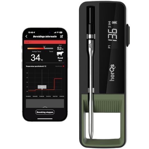 HerQs Single Max Grillthermometer, Digitales Bluetooth Fleischthermometer, Mit App und Temperaturalarm bis zu 300°C, 170m Bluetooth Meater - Für Grill, Ofen, Pfanne, Heißluftfritteuse von HerQs