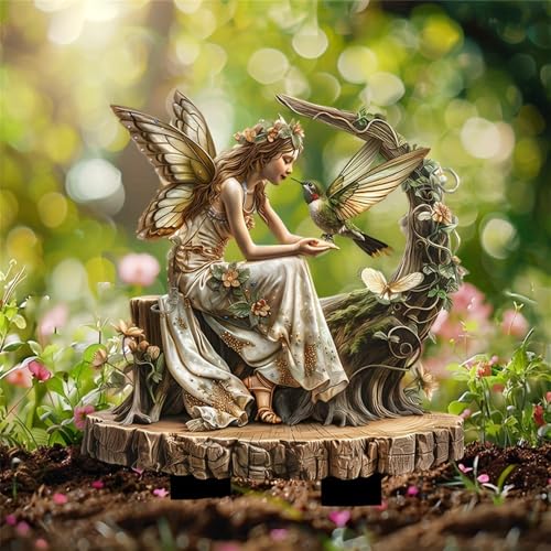 HerYinger Baum Elfe Gartenstecker Dekoration Acryl 2D Ornamente Pflanze Lustige Gartenfiguren Baumstecker Gartenschilder Blumenstecker Frühlingsdeko für Hof Rasen Terrasse (Fee Kolibri) von HerYinger
