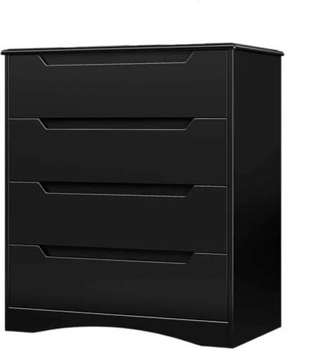 HerYinger Schlafzimmer Kommode mit 4 Geräumige Schubladen Schrank mit Schubladen mit Ausgeschnittenen Griffen und Kippsicherung Schubladenschrank Ideal für Wohnzimmer (Schwarz) von HerYinger