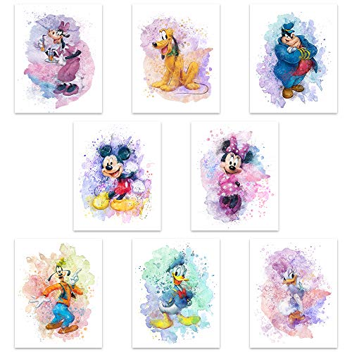 Mickey Mouse Aquarelldrucke – ungerahmtes Set mit 8 (20,3 x 25,4 cm) Mickey Mouse Wandkunst-Dekor – Minnie Mouse Raumdekor – Donald Ducks Daisy Duck Goofy Pluto Decor Poster von HerZii