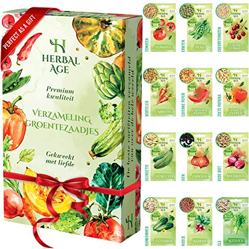 12 Groentezaadjesmix - 5100 Zaadjes - Tomaat, Paprika, Ui, Sla, Courgette, Komkommer, Cherrytomaat, Wortelen, Erwten, Rode Biet, Cayennepeper Klaar Om Buiten Geplant Te Worden, Kweek Uw Eigen Tuin von Herbal Age