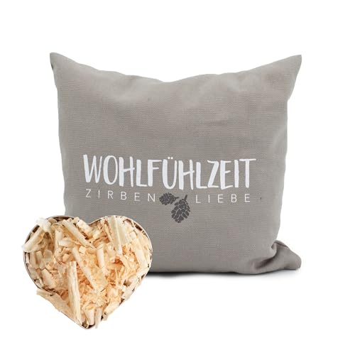 HERBALIND Zirbenkissen Wohlffühlzeit hochwertiges Dekokissen 25x25cm mit Reißverschluss hochwertige Zirbenflocken - Bezug aus 100 % Baumwolle - Duftkissen, Farbe taupe Geschenk Frauen von Herbalind