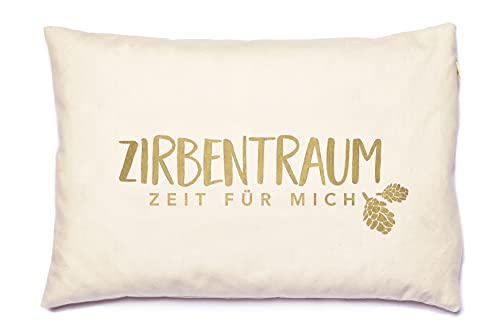 Herbalind Natur Dekokissen Zirbenkissen Zirbentraum in Gold mit Reißverschluss 30x20 cm - Edles Zirben Kopfkissen 100% Baumwolle Zirbe, Tiroler Zirbenflocken Duftkissen, Zierkissen als Geschenk von Herbalind