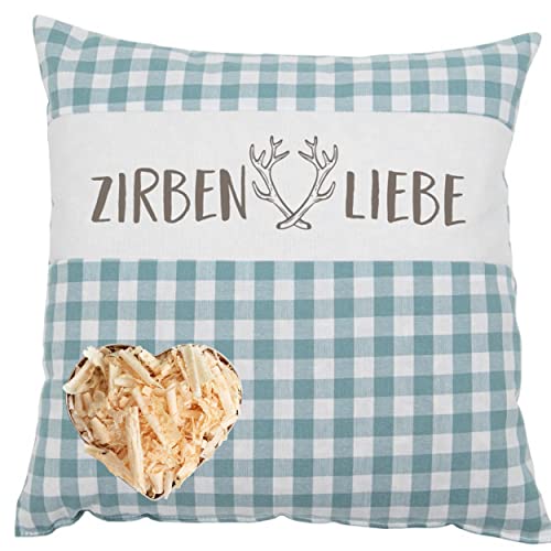 Herbalind Zirbenkissen als Geschenk 30x30 cm Dekokissen Zirbenliebe mit Reißverschluss - Kopfkissen 100% Zirbe und Baumwolle - Blau Kariert Zirben Kissen von Herbalind