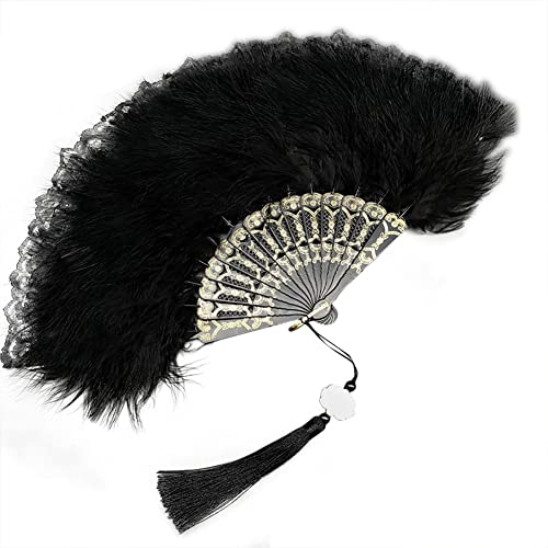 Damen Fächer Feder,20er Jahre Vintage-Stil mit Marabou-Feder Hochzeitsfächer Faltfächer Tanzfächer Spanische Viktorianischen Faltbhandfächer Damen Kostüm Tanzpartys Flapper Zubehör für Frauen,Schwarz von Herbests