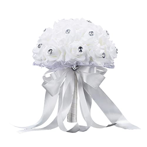 Handgemachte Brautstrauß Hochzeit Blumenstrauß Gefälschte Rose Braut Bouquet Blume Künstlich Blume Strass Braut Brautjungfern Hochzeitsblumenstrauß Rosenblumen Handstrauß Rosenstrauß für HochzeitWeiß von Herbests