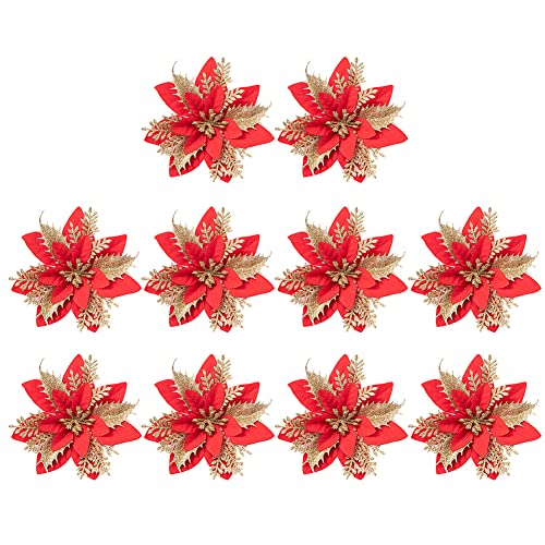 Herbests 10 Stücke Künstliche Weihnachtsblumen Glitzer Weihnachtsstern Blumen Kunstblumen Weihnachtsbaum Neujahr Ornamente Hochzeit Weihnachten Deko Weihnachtsbaumschmuck Poinsettie,Gold + Rot von Herbests