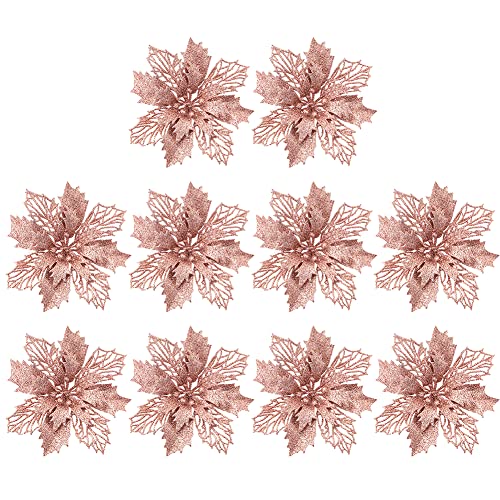 Herbests 10 Stücke Künstliche Weihnachtsblumen Glitzer Weihnachtsstern Blumen Kunstblumen Weihnachtsbaum Neujahr Ornamente Hochzeit Weihnachten Deko Weihnachtsbaumschmuck Poinsettie,Rose Gold von Herbests