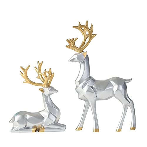 Herbests 2 Stück Nordische Origami Hirsch Ornamente Weihnachts Rentier Figuren Geometrische Harz Sitzend Stehend Elch Statue Modell Skulptur Sammlung Geschenke TV Schrank Hausdekoration Mittel Silber von Herbests