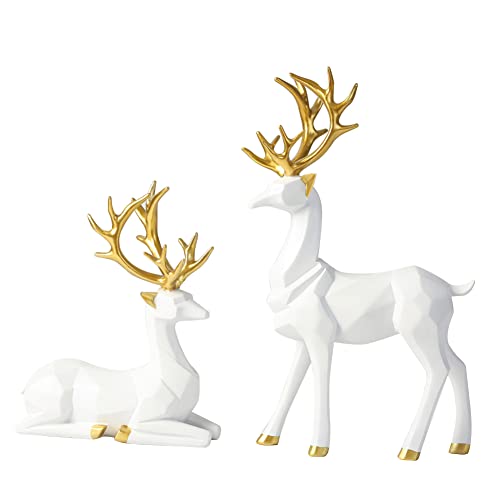 Herbests 2 Stück Nordische Origami Hirsch Ornamente Weihnachts Rentier Figuren Geometrische Harz Sitzend Stehend Elch Statue Modell Skulptur Sammlung Geschenke TV Schrank Hausdekoration Mittel Weiß von Herbests