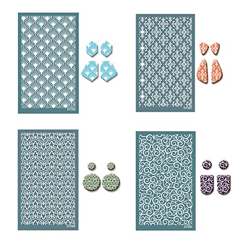 Herbests 4 Stücke Siebdruckschablonen für Polymer Clay, 15cmx9cm wiederverwendbares Tonschablonen Nicht klebende Netzschablonen Transfer Schablonen Schmuck Ohrringherstellung von Herbests