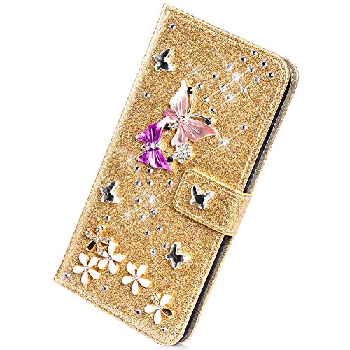 Herbests Kompatibel mit Samsung Galaxy S10 Plus Handyhülle Brieftasche Hülle Schmetterling Blumen Muster Bunt Glitzer Bling Glänzend Strass Diamant Leder Schutzhülle Flip Case Handytasche,Gold von Herbests