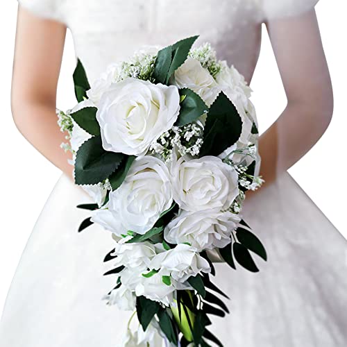 Romantische Hochzeits Rosenblumen Handstrauß,Brautstrauss Gefälschte Rose Braut Bouquet Blume Künstliche Blumenstrauß Braut Brautjungfern Blumensträusse Blume Dekoration für Hochzeit,Weiß #2 von Herbests