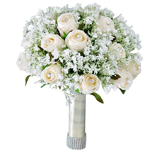 Romantische Hochzeits Rosenblumen Handstrauß,Brautstrauss Gefälschte Rose Braut Bouquet Blume Künstliche Blumenstrauß Braut Brautjungfern Blumensträusse Blume Dekoration für Hochzeit,Weiß #4 von Herbests