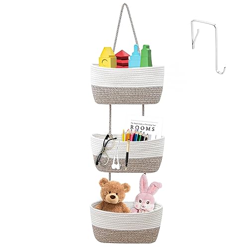 Herbst Hängeorganizer Wand Organizer mit 3 stufiger Hängekorb Baumwollseil Korb, Hängende Tasche Aufbewahrungstasche Leinen Hängeorganizer für Schlafzimmer,Wohnzimmer - Bonushaken von Herbst