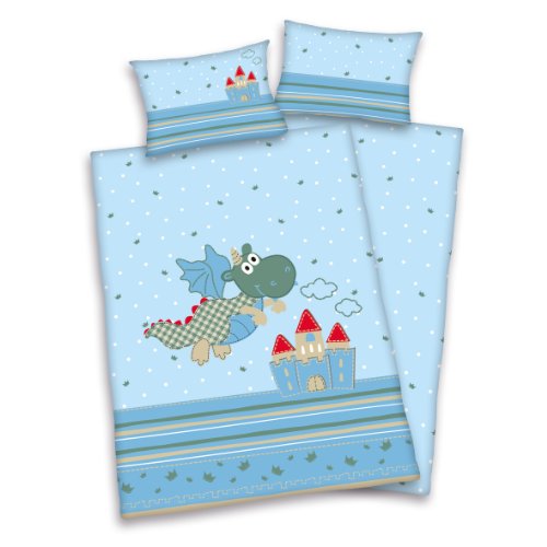 Herding Baby Best Kleinkinder-Bettwäsche-Set, Jana Drache Wendemotiv, Bettbezug 100 x 135 cm, Kopfkissenbezug 40 x 60 cm, Baumwolle/Renforcé, Blau von Herding