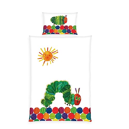Herding Baby-Bettwäsche-Set, Raupe Nimmersatt, Wendemotiv, Kopfkissenbezug 40 x 60 cm mit Hoteleinschlag, Bettbezug 100 x 135 cm mit Knopfleiste, Baumwolle/Linon von Herding