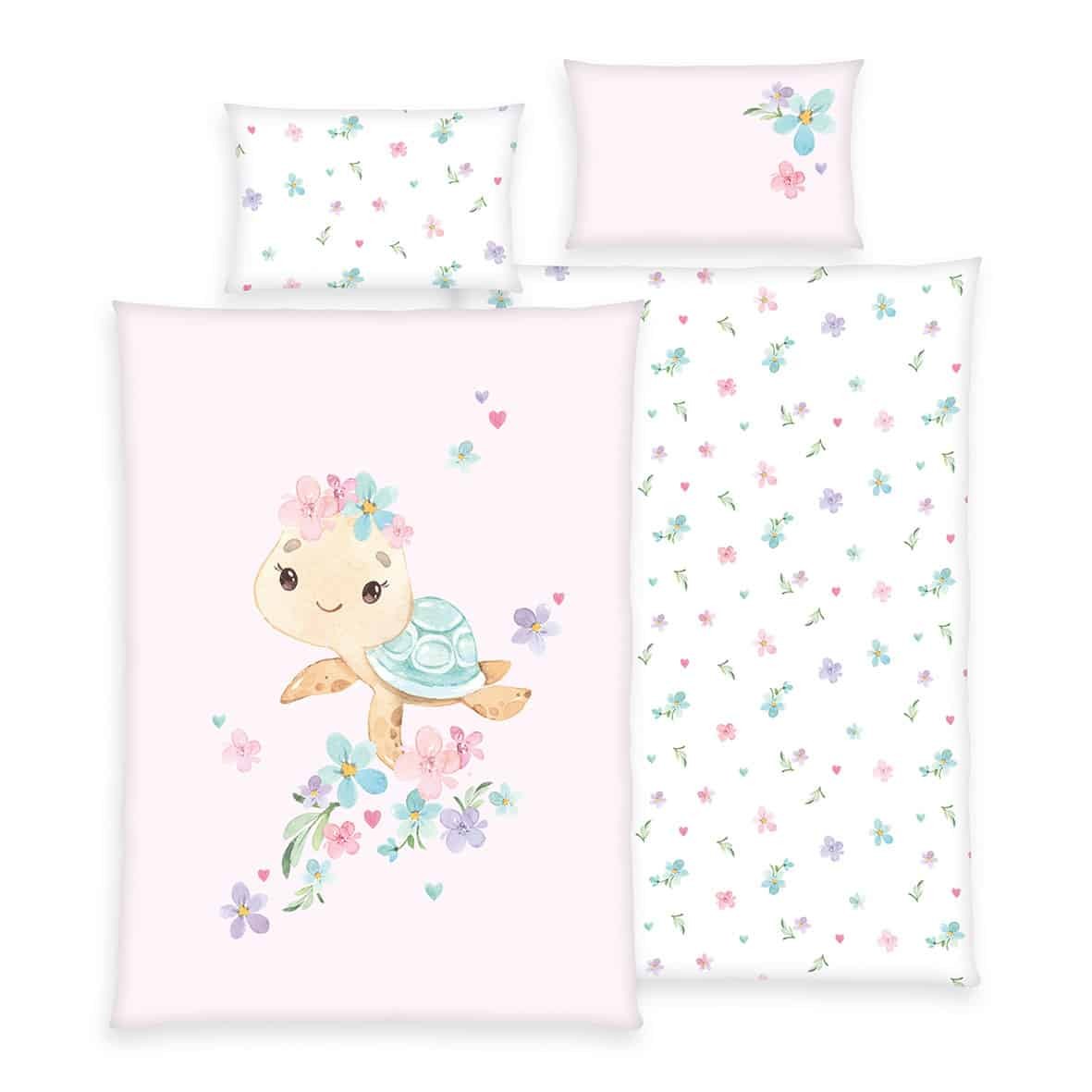 Herding Baby Kinder Renforce Bettwäsche Little Turtle rosa Blumen 100x135 cm von Herding