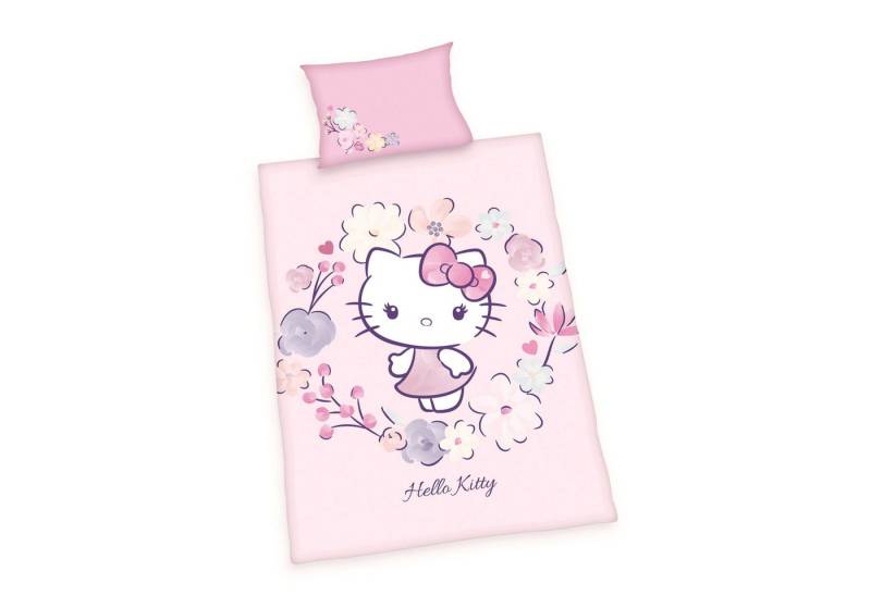 Herding Babybettwäsche 100x135cm Hello Kitty Rosa, Renforcé, 2 teilig, Blumen, Wendebettwäsche mit Reißverschluss von Herding