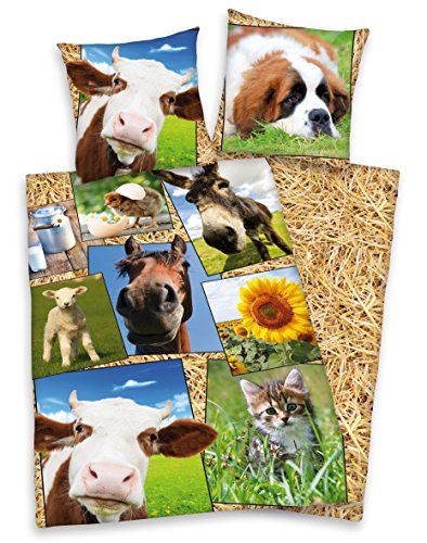 Herding Bauernhof Tiere Pferde Bettwäsche 80x80 135x200cm 100% Baumwolle mit Reißverschluss von Herding