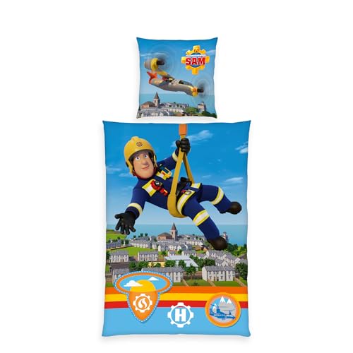 Herding Bettwäsche Feuerwehrmann Sam, Kopfkissenbezug ca. 80 x 80 cm, Bettbezug ca. 135 x 200 cm, Mit Markenreißverschluss, 100% Baumwolle/Renforcé von Herding