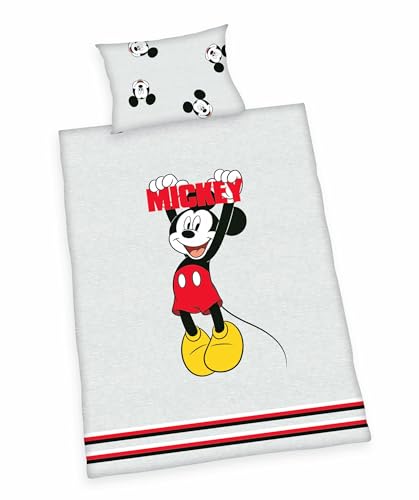 Herding Kinder Renforce Baby Bettwäsche 2 TLG. 100x135cm Disney Mickey Mouse Grau Schwarz Rot Reißverschluss von Herding