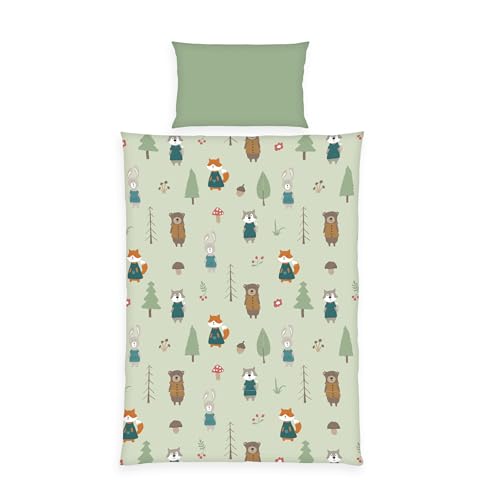Herding babybest Flanell-Kleinkinderbettwäsche-Set, Waldtiere, Kopfkissenbezug 40 x 60 cm, Bettbezug 100 x 135 cm, 100% Baumwolle/Flanell, Grün von Herding