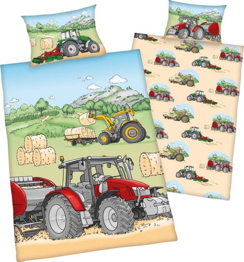 Herding Kinderbettwäsche Kinder-Wendebettwäsche "Traktor", Biber, 2 teilig, Flanell Motiv von Herding