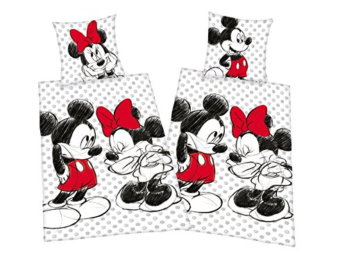 Mickey + Minnie Mouse Partner Bettwäsche Doppelpack 80x80cm 135x200cm, 100% Baumwolle mit Reißverschluss von Klaus Herding GmbH