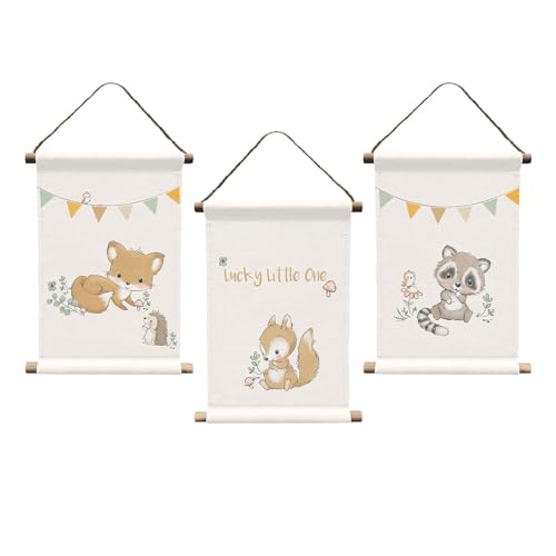 Herding babybest 3er-Set Wandbilder Waldfreunde, Kleine Baumwoll-Bilder für Baby- und Kinderzimmer, ca. 20x30 cm, 100% Baumwolle mit 2 Holzstäben von Herding
