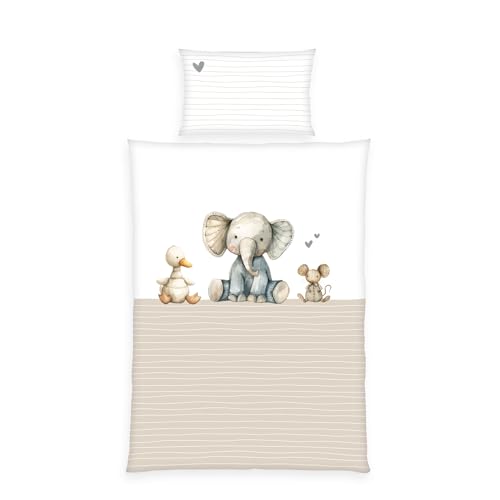 Herding babybest Kleinkinder-Bettwäsche-Set, Cuddle Crew, Wendemotiv, Bettbezug 100x135cm, Kopfkissenbezug 40x60cm, Mit Hoteleinschlag und Reißverschluss, 100% Baumwolle/Renforcé, Weiß/Beige von Herding