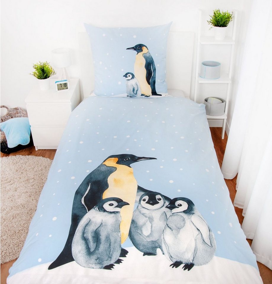 Kinderbettwäsche Biber Bettwäsche Set mit Pinguin 135 x 200 cm 80 x 80 cm 100% Baumwolle, Herding von Herding