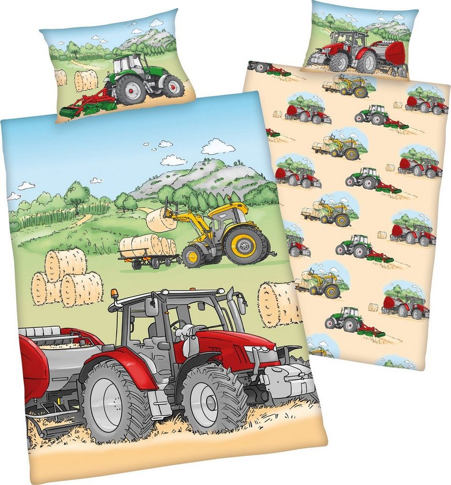 Kinderbettwäsche Kinder-Wendebettwäsche Traktor", Herding, Biber, 2 teilig, Flanell Motiv" von Herding