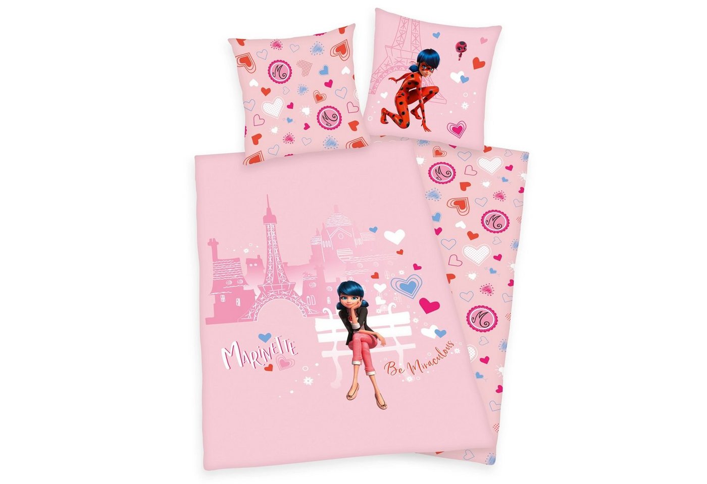 Kinderbettwäsche Mädchen Flanell Bettwäsche Miraculous Ladybug Love Paris rosa Biber, Herding von Herding