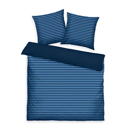 TOM TAILOR Renforcé-Bettwäsche, 2*80x80 cm + 200x220 cm, 100% Baumwolle/ Renforcé, mit Wendemotiv und farbigem Markenreißverschluss, MEDIUM STRIPES Blau (Dark Navy & Cool Blue) von Klaus Herding GmbH