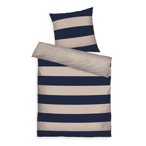 TOM TAILOR Renforcé-Bettwäsche, 60x80 cm + 140x200 cm, 100% Baumwolle/Renforcé, mit Wendemotiv und farbigem Markenreißverschluss, BOLD STRIPES Blau, Beige (Dark Navy, Sunny Sand) von Herding