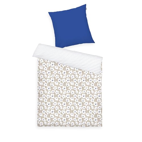 TOM TAILOR Renforcé-Bettwäsche, 80x80 + 135x200 cm, 100% Baumwolle/Renforcé, mit Wendemotiv und farbigem Reißverschluss, FRESH FLOWERS Blau, Beige (Cobalt & Sunny Sand) von Herding