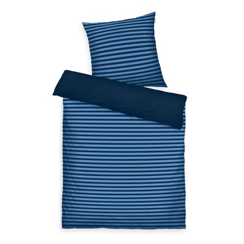 TOM TAILOR Renforcé-Bettwäsche, 80x80 cm + 155x220 cm, 100% Baumwolle/ Renforcé, mit Wendemotiv und farbigem Markenreißverschluss, MEDIUM STRIPES Blau (Dark Navy & Cool Blue) von Herding