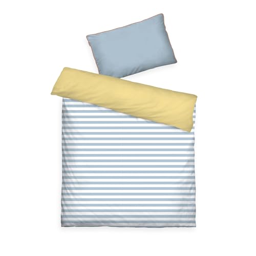 TOM TAILOR Perkal-Babybettwäsche, 40x60 cm + 100x135 cm, 100% Baumwolle/ Perkal, Mit Wendemotiv, Paspel und Markenreißverschluss, STRIPES WITH A KICK Hellblau, Gelb (Sky Blue & Light Lemon) von Herding