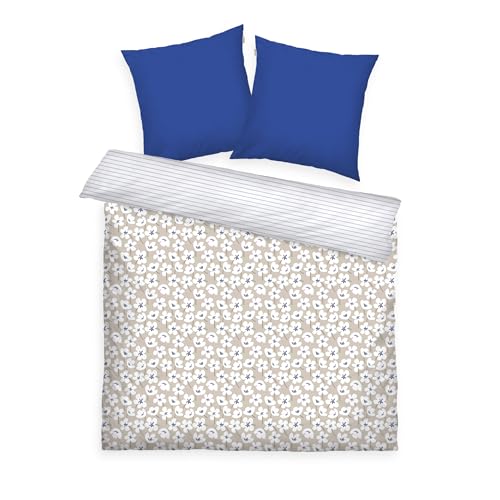 TOM TAILOR Renforcé-Bettwäsche, 2*80x80 + 200x220 cm, 100% Baumwolle/Renforcé, mit Wendemotiv und farbigem Reißverschluss, FRESH FLOWERS Blau, Beige (Cobalt & Sunny Sand) von Herding