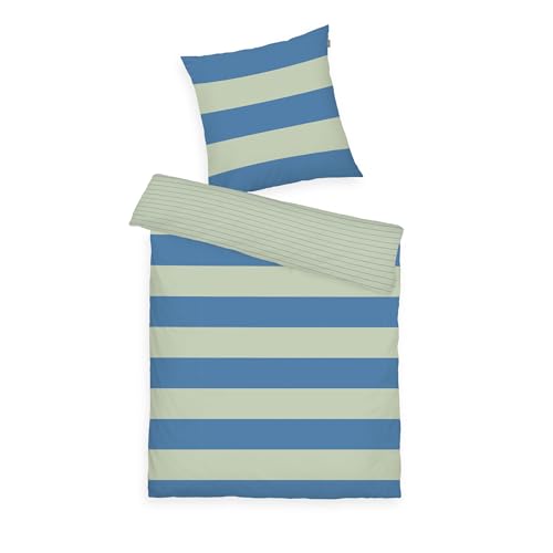 TOM TAILOR Renforcé-Bettwäsche, 80x80 cm + 135x200 cm, 100% Baumwolle/ Renforcé, mit Wendemotiv und farbigem Reißverschluss, BOLD STRIPES Grün, Blau (Green Leaf & Cool Blue) von Herding