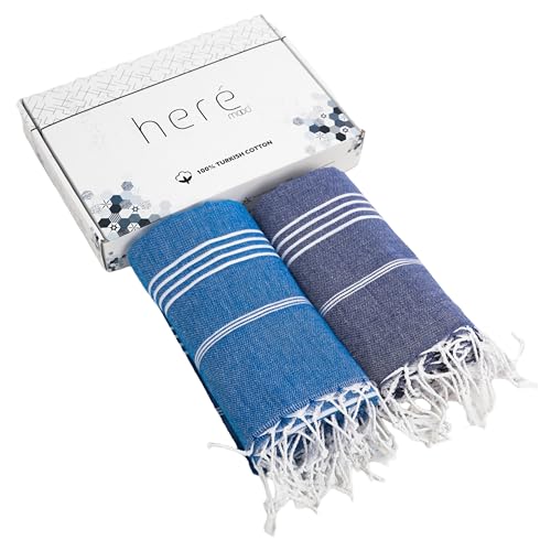 Heré Mood Premium Saunatuch Hamamtuch Set - 2er Pack, Saunahandtuch und Strandtuch - Hochwertiges Badetuch und Duschtuch - 100% Baumwolle - Extra Groß - Picknickdecke, Extra Leicht (Petrolblau/Blau) von Heré Mood