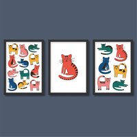 Bunte Katzen Illustration Poster Set Von 3 | Retro Modernes Niedliches Cartoon-Muster A5 A4 A3 A2 A1 von HereAndBull