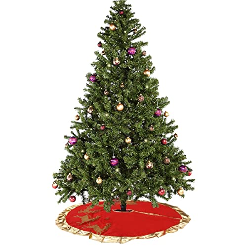 Herefun Baumdecke Rot Gold 90cm Durchmesser, Weihnachtsbaum Unterlage mit Weihnachtsmotiv, Tannenbaum-Unterlage Plüsch Christbaumständer, Baumdecke Weihnachtsbaum für Christmas (Rentier*-90cm) von Herefun