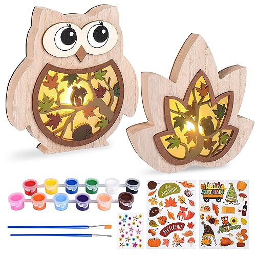 Herefun Ostern Deko, Basteln Kinder, Herbst Dekoration LED, DIY Herbst Dekoration, LED Tischleuchten für Wohnzimmer Esstisch Flur, 3D Eule, Hase, Eichhörnchen Ornament von Herefun