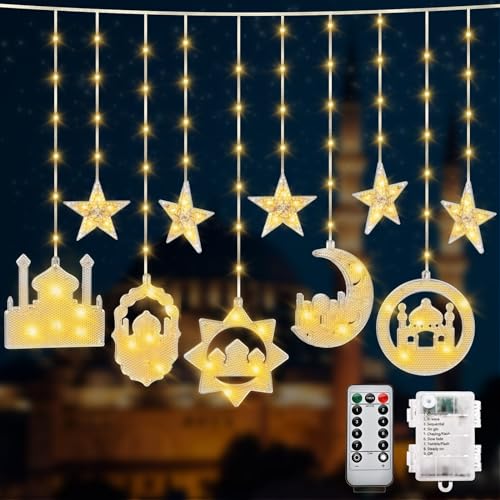 Herefun Ramadan Lichterkette, 4.8M Ramadan Deko Lichterkette Mond Sterne, Eid Mubarak Dekorationn LED Lampe mit 8 Blinkenden Modi & Fernbedienung, Ramadan Dekoration Fee Licht von Herefun