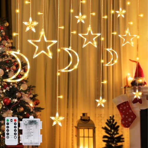 Herefun Stern Mond LED Lichterketten, 3.5m Weihnachtsbeleuchtung Innen, Stern Mond Lichtervorhang Lichterkette LED Fenstervorhang Lichter Sternenvorhang Dekorative Lampe für Party, Weihnachtstag von Herefun