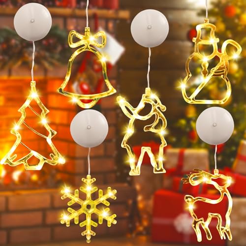 Herefun Weihnachtsbeleuchtung, 6 Stück LED Hängenden Fensterlicht, Vorhang Licht Weihnachtsmuster Lichter, Weihnachtsdeko Sucker Lampe für Weihnachts und Winter Dekoration Verschiedene Party von Herefun
