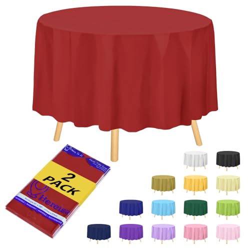 Hereisa Einweg-Tischdecke aus hochwertigem Kunststoff, rund, 213,4 cm, Party-Tischdecken, perfekte Tischdecke, runde Abdeckung für jeden Tisch bis zu 1,8 m, Rot, 2 Stück von Hereisa